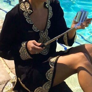 Vera Harris Black Sheer Tunic Kaftan – Hand-Sewn Gold Beads, Resort Cover-Up S/M